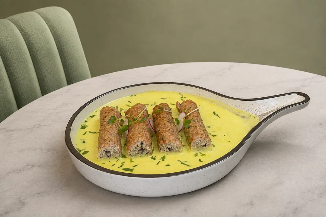 Char-grilled succulent chicken seekh kebabs served with fresh mint yogurt dip and pickled shallots on a dark wood platter.