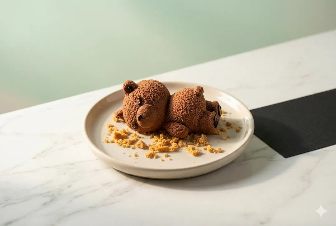 Artisanal sculpted chocolate mousse in the shape of a sleeping teddy bear resting on golden butter crumble on an ivory ceramic plate.